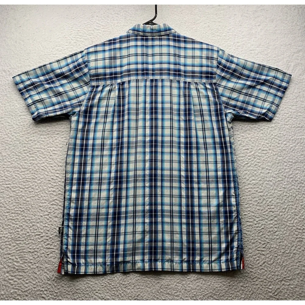 The North Face Button Up Shirt Mens Small Blue White Plaid Tencel Hiking Camping